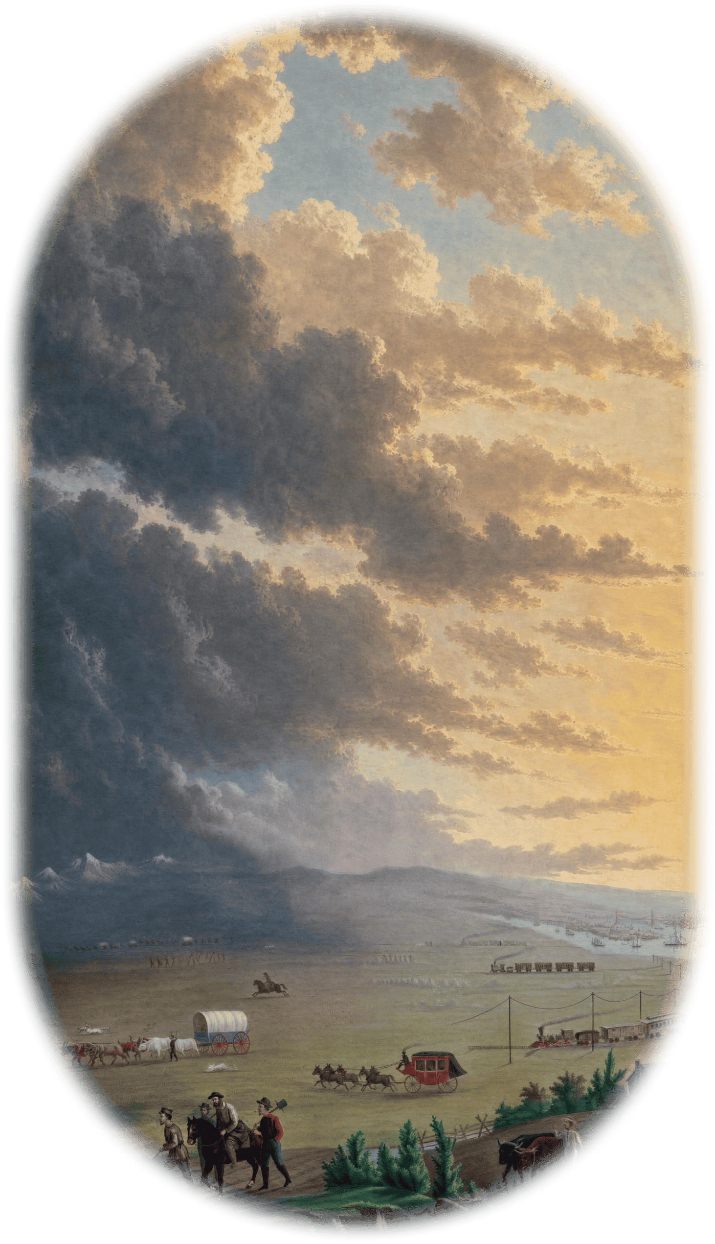 A stormy prairie landscape with wagons and a railroad