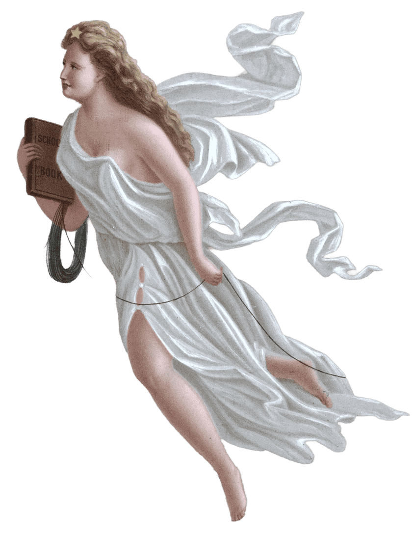 A muse carrying a book, draped in white, floating